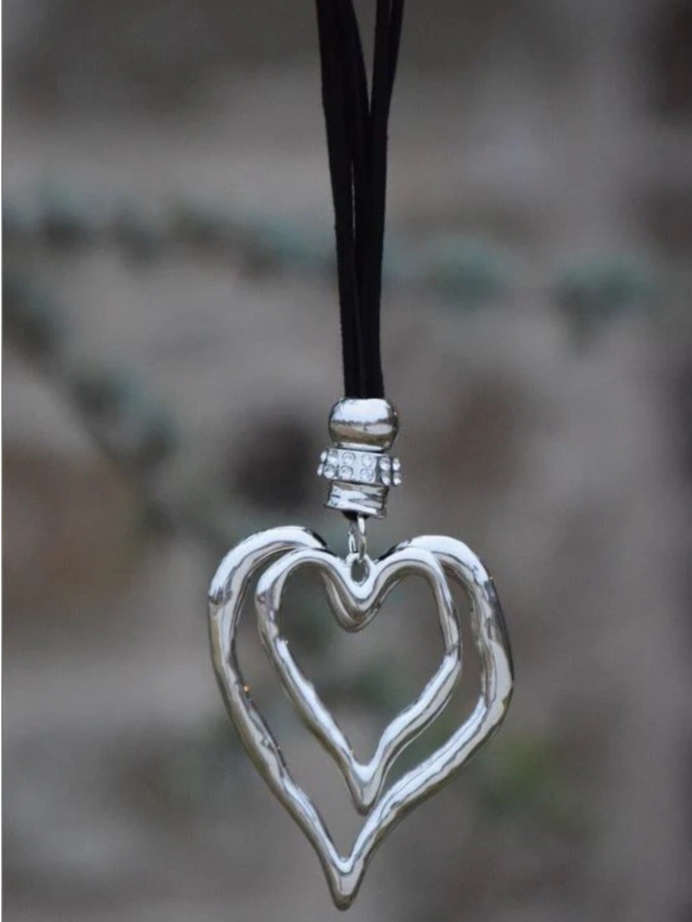 Long Silver Double Heart Pendant Necklace On Black Leather New